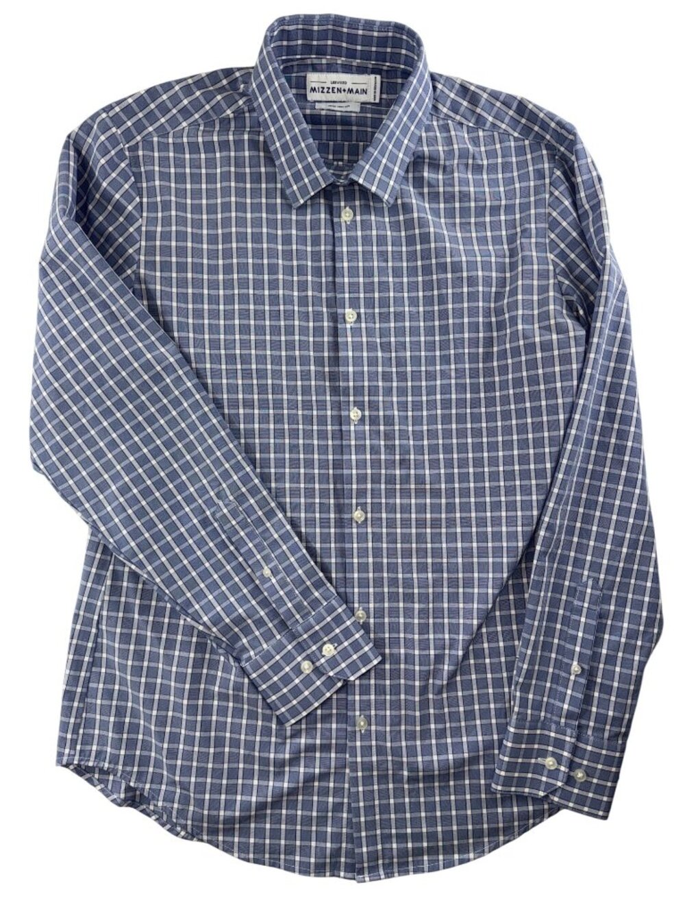 Mizzen+Main Men's Large Trim Fit Blue Plaid Stretch Button Down Shirt Preppy
